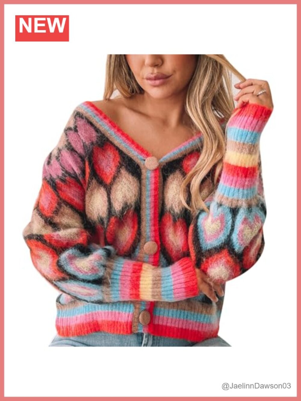 Knitted Heart Print Open Front Cardigan Button V Neck Cropped